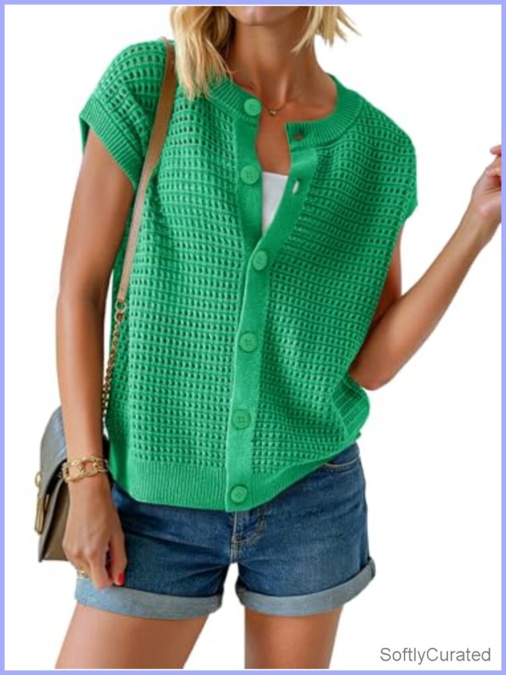 Crochet Cap Sleeve Sweater Vest Button Down Cardigan Knit Top